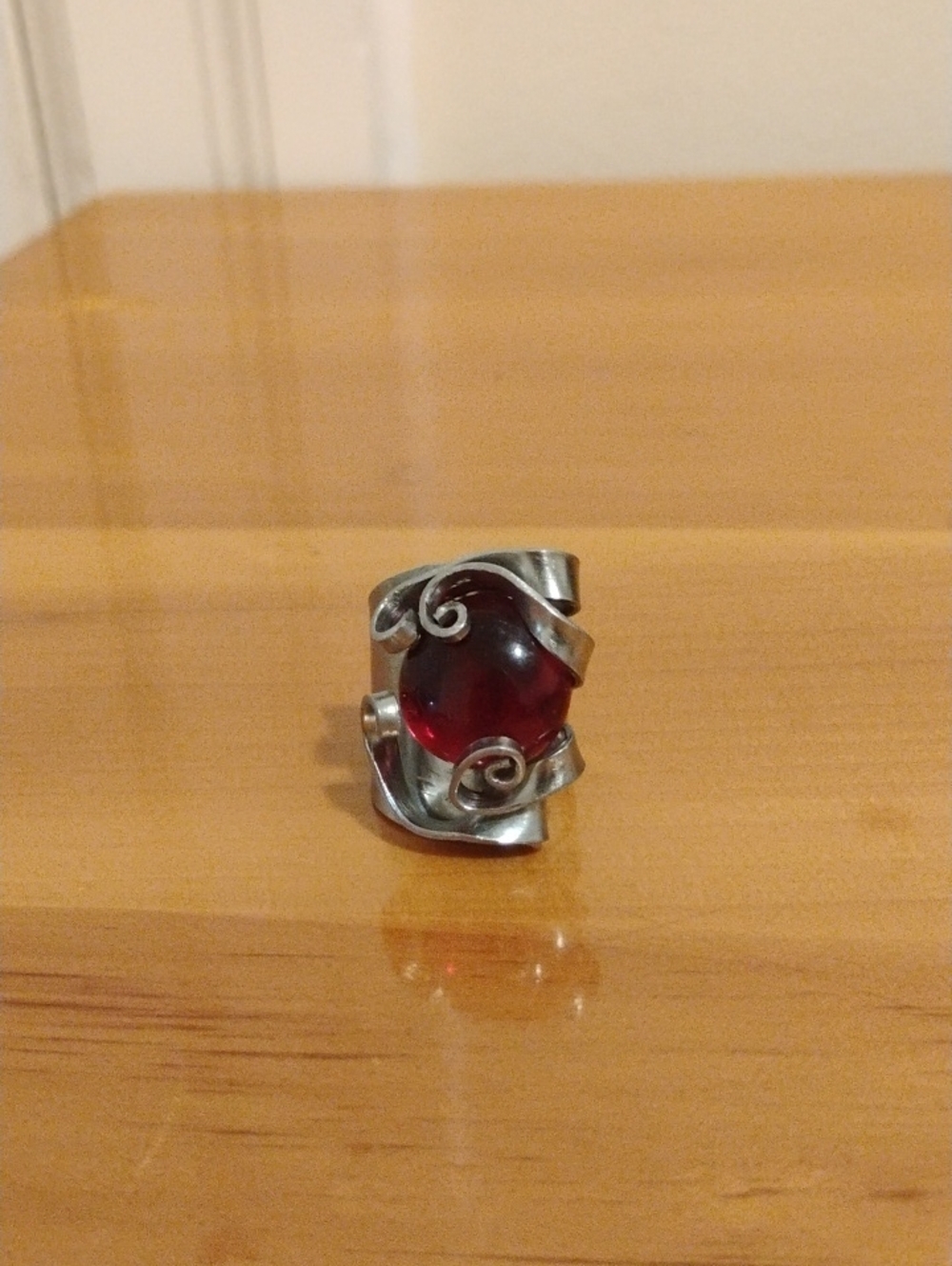 Sterling Silver Ring with Deep Red Orb